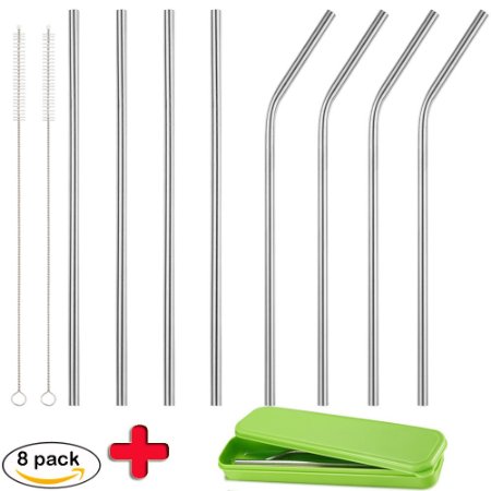 Accmor 18/8 Stainless Steel Straws(LE:8.5in, OD:0.24in), Reusable Drinking Straws - Set of 8(4 Bent, 4 Straight) with 2 Cleaning Brushes and Storage Box - Great for To-Go Cups, Mason Jars, Ball Jars