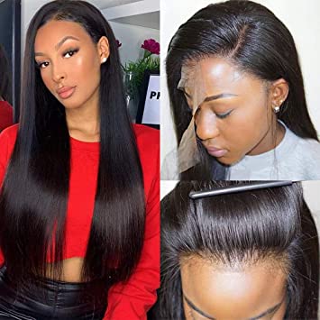 Luduna Brazilian Straight Lace Wigs 100% Real Hair Wigs For Black Women 9A 150% Density Glueless Pre Plucked Brazilian Straight Lace Front Wigs Human Hair Natural with Baby Hair (20",Natural Color)