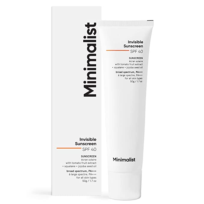 Minimalist SPF 40 Water Resistant Invisible Sunscreen | Ultra Light Gel | No White Cast | Sweat Resistant | PA    | With Tomato Extract, Squalane and Jojoba Seed Oil | For Women & Men | 50 gm