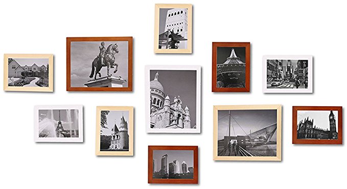 WOOD MEETS COLOR 11 Pieces Picture Frames set, Wall Gallery Collage frames With Hanging Template, Real Glass Window and Photo Mats, 3-8x10 and 8-5x7 Photo Frames (Original & Walnut & White)