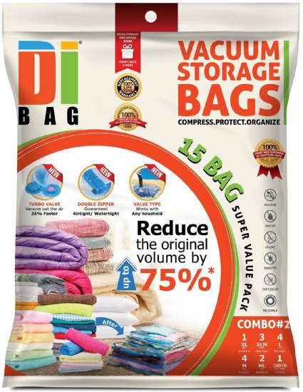 DIBAG ® 15 Bags Pack Vacuum Compressed Storage Space Saver Bags. 4 pcs 57 x 45cm 4 pcs 85 x 54cm 3 pcs 90 x 70cm 2 pc 60 x 50cm 1 pc 100 x 67cm 1 roll up vacuum 34 x 50 cm