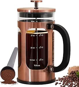 Veken 34 Ounce/1 Liter French Press Plunger Coffee Maker Cafetière, Heat Resistant Borosilicate Glass Coffee Press, Cold Brew Coffee Pot for Kitchen, Gifts for Mom Dad, Dishwasher Safe, Copper