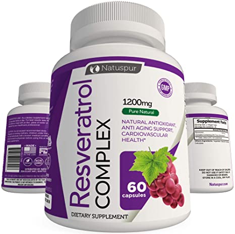 Pure Resveratrol 1200mg Supports Anti Aging – Immune Functions, Cardiovascular Health and Blood Sugar Support - Made with Trans-Resveratrol - 60 Caps Resveratrol Supplement