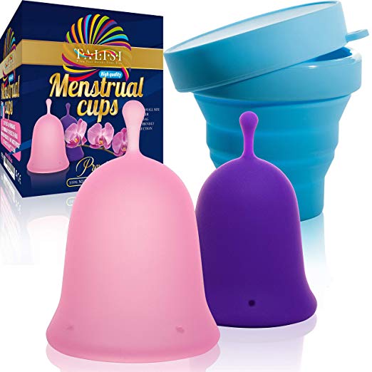 Talisi Reusable Menstrual Cups with Collapsible Silicone Foldable Sterilizing Cup Set of 3 Large Small Sizes Silicone Soft Cups with Sterilizer Feminine Hygiene Period Cup Tampon and Pad Alternative