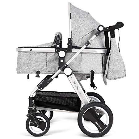 INFANS High Landscape Baby Stroller – 2 in 1 Aluminum Foldable Toddler Stroller & Reversible Bassinet Pram with Adjustable Canopy, Mosquito Net, Cup Holder, Sleeping Cushion, Diaper Bag, Grey