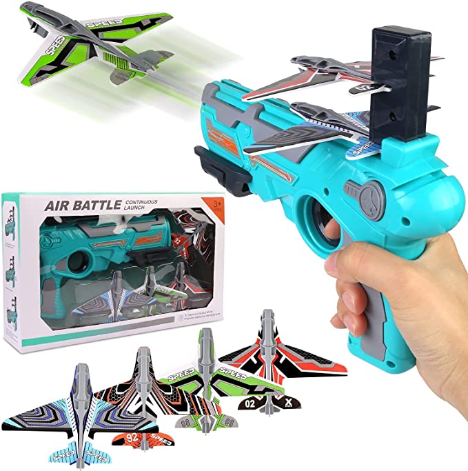 Rusee 4 Pack Airplane Toys with Launcher, Flying Toy Auto-Launcher with 4Pcs Foam Glider Planes, Outdoor Flying Toy for Boys Girls Age 4 5 6 7 8 9 10 11 12 Years Old, Easter Basket Stuffers Gift