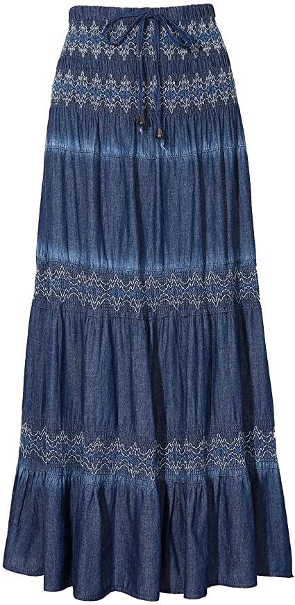 Maxi Cotton A-Line Tiered Long Denim Look Casual Skirt with Elastic Waistband for Women Two Wearing Ways