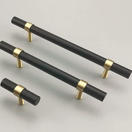 Cabinet Pulls, Brass Pulls 5.04" Hole Centers Bar Drawer Pulls with Mounting Screws T Handle Pull Black Gold,2pcs