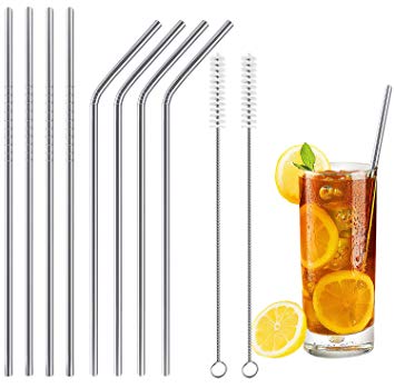Acerich Set of 8 Stainless Steel Straws Reusable Metal Drinking Straws for 30 oz & 20 oz Tumblers Cups(4 Straight   4 Bent  2 Cleaning Brushes)