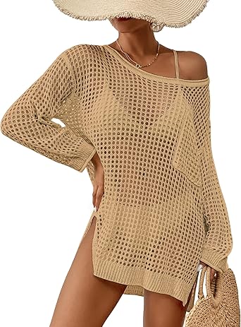 Bsubseach Crochet Cover Up for Swimwear Women Pool Swimsuit Coverup Long Sleeve Beach Knit Tops