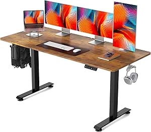 Veken 63 x 24 Inch Electric Standing Desk, Height Adjustable Sit Stand Up, Wood Desktop, Work Home Office Computer PC Table, Tall Standup Workstation, Gaming Writing Study Bedroom Rising Desks, Brown