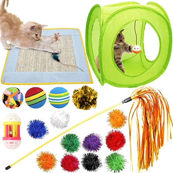 Youngever 18 Cat Toys Kitten Toys Assortments, Cat Teaser Wand, Interactive Bell Toy, Sparkle Balls for Cat, Puppy, Kitty, Kitten (with Square Tunnel and Scratching Mat)