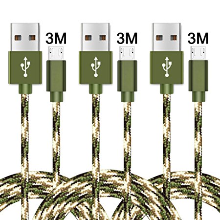 Micro USB Cable,WZS 3Pack 3m/10ft Extra Long Premium Nylon Braided High Speed USB to Micro USB Charging Lead Cord Fast Android Charger for Samsung Galaxy S7 Edge/S6/S4,Note 5/4/3,HTC,LG,Nexus (Green)
