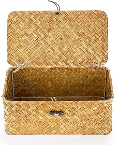 Hipiwe Wicker Shelf Baskets Bin with Lid, Handwoven Seagrass Basket Storage Bins Rectangular Household Basket Boxes for Shelf Wardrobe Home Organizer, Caramel X-Small