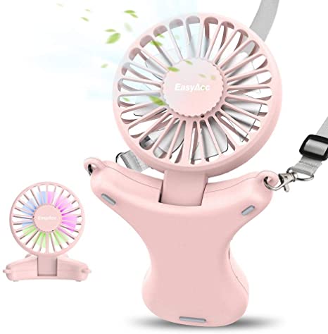 Necklace Fan, EasyAcc Hand Free Fan 3350mAh Rechargeable Battery Fan 3 Speed 3-17 Hours Adjustable 100° Angle Personal Fan Built-in Night Light USB Fan Cooling Fan for Camping Outdoors Travel - Pink