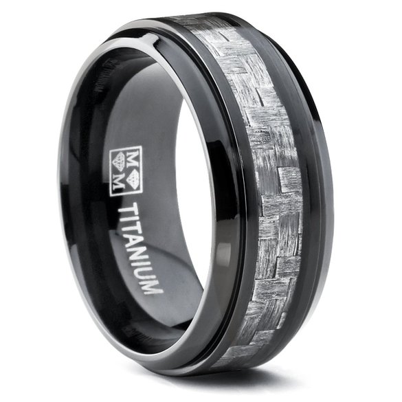 9MM Black Titanium Mens Wedding Band Ring with Wide Gray Carbon Fiber Inlay Comfort Fit
