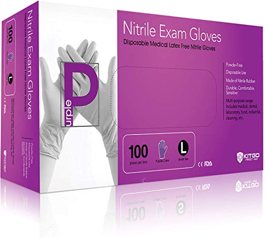 Kitgo Premium Nitrile Exam Gloves, Powder-Free Medical Disposable Gloves, FDA ASTM Approved, Large Size, Purple, Box / 100