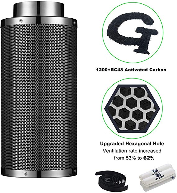 G-HYDRO 4 Inch Air Carbon Filter Upgraded Hexagonal Hole with 1200  RC48 Activated Charcoal Prefilter Included Odor Control Scrubber for Grow Tent Indoor Plants Inline Fan Reversible Flange 210 CFM