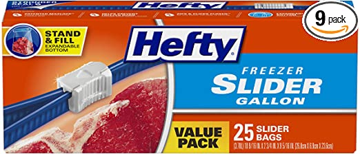 Hefty Slider Freezer Bags, Gallon Size, 9 Boxes of 25 Bags (225 Total)