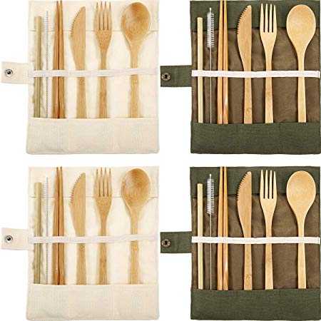 Tatuo 4 Set Bamboo Utensils Flatware Bamboo Travel Cutlery Set Reusable Bamboo Fork Spoon Knife Chopsticks Straws Metal Brush