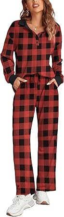 Ekouaer Waffle Knit Pajamas Set for Women 2 Piece Outfits Long Sleeve Button Top and Wide Leg Pant with Pockets Loungewear