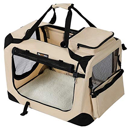 FEANDREA Lightweight Fabric Pet Carrier Crate with Mat Food Bag Portable Dog Carrier Folding Pet Cage Beige M 60 x 40 x 40 cm PDC60W