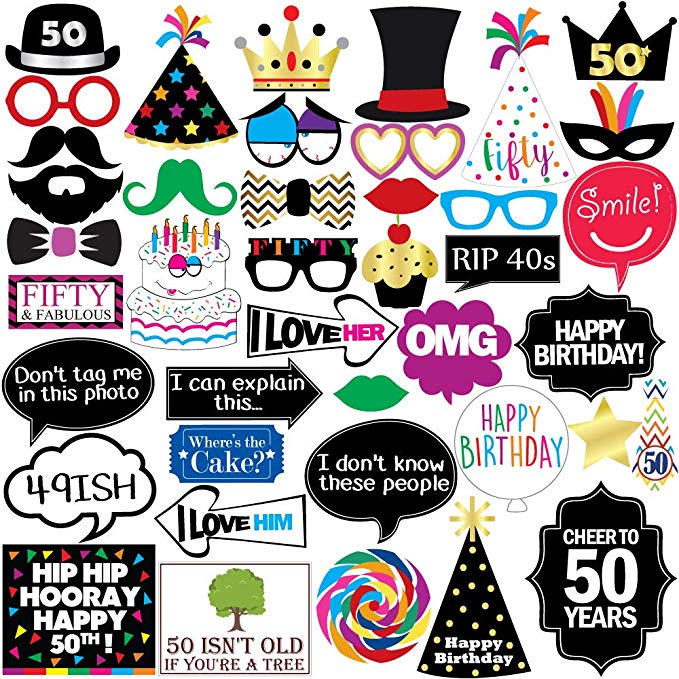 50th Birthday Photo Booth Party Props - 40 Pieces - Funny 50th Birthday Party Supplies, Decorations and Favors