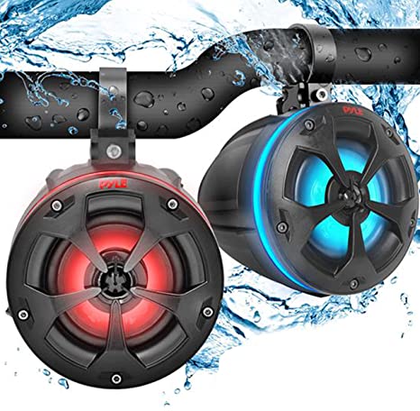 2-Way Dual Waterproof Off-Road Speakers - 4" 800W Marine Grade Wakeboard Tower Speakers System w/RGB Lights & Remote, Full Range Outdoor Audio Stereo Speaker for ATV/UTV, Jeep, Boat - Pyle PLUTV44BTR