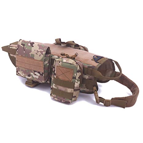 Darkyazi Dog Tactical Military Vest Training Outdoor Molle Camouflage Harness with 3 Detachable Pouches