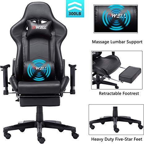 EDWELL Ergonomic Gaming Chair with Headrest,Lumbar Massage Support Racing Style PC Computer Chair, with Retractable Footrest Support Reclining Executive Office Chair (Black)