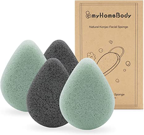 Natural Konjac Facial Sponges – Teardrop Shape - for Gentle Face Cleansing and Exfoliation - with Activated Charcoal and Aloe Vera, 4pc Set