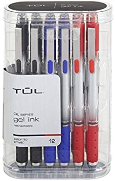 TUL Retractable Gel Pens, Medium Point, 0.7 mm, Silver Barrel, Assorted Business Inks, Pack of 12 Pens