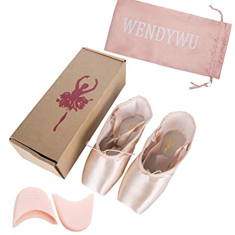 WENDYWU Professional Ballet Slipper Dance Shoe Pink Ballet Pointe Shoes with Toe Pad Protector for Girls Women