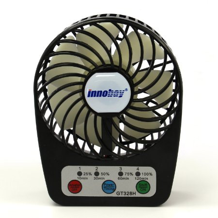Innobay® Mini Handy Portable Rechargeable Fan Operated by Built-in Lithium Battery, 7 blades, 4 Speeds of Air Force Adjustable, Timing Function and Battery Status Visible, Assembled with Steel Stand, Perfect Gift for Kids (Black)