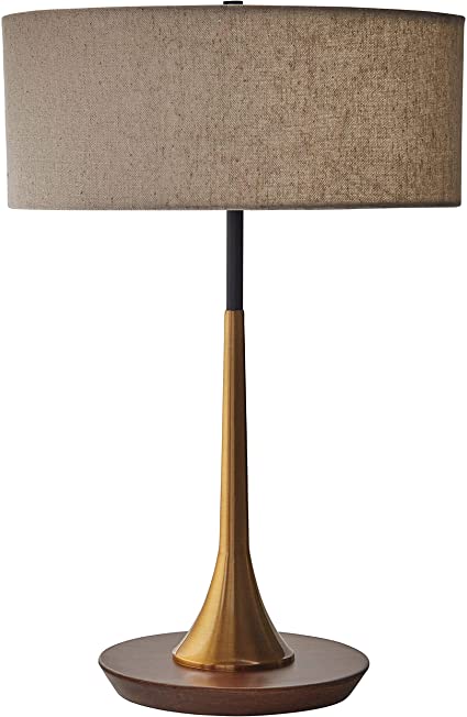 Rivet Mid-Century Modern Curved Brass Table Desk Lamp With LED Light Bulb - 14.3 x 21.7 Inches, Brass and Walnut