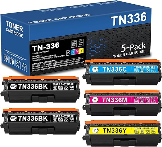 TN336 TN 336 Toner Cartridge Replacement for Brother TN336BK High Yield Toner Cartridge HL-L8250CDN, HL-L8350CDW, HL-L8350CDWT, MFC-L8600CDW, MFC-L8850CDW Printer (Black Cyan Magenta Yellow, 5-Pack)