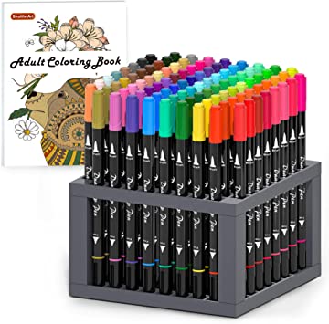 Dual Tip Brush Pens Art Markers, Shuttle Art 96 Colors Fine and Brush Dual Tip Markers Set with Pen Holder & 1 Coloring Book for Kids Adult Artist Coloring Calligraphy Journal Doodling Writing