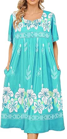 Bloggerlove Nightgown for Women Hawaiian Muumuu House Dress Print Lounger Patio Dress with Pockets Moomoo