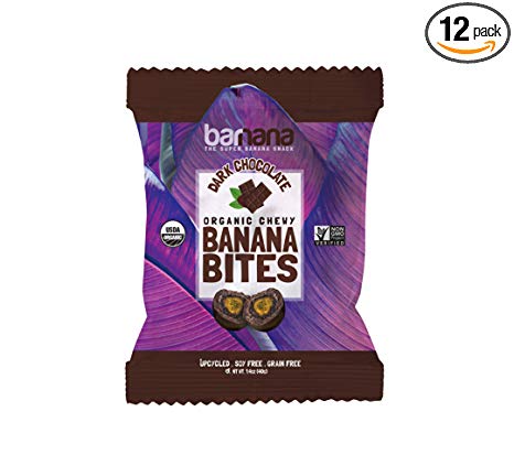 Organic Dark Chocolate Chewy Banana Bites  - Delicious Barnana Coated Potassium Rich Banana Snacks - Lunch Dinner Sports Hiking Natural Snack - Whole 30, Paleo, Vegan,1.4 Ounce,Pack of 12