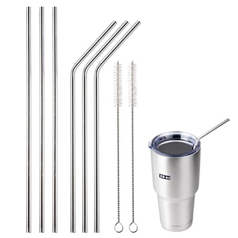 CYLAPEX 18/8 Stainless Steel Straws Pack of 6 (3 Straight 3 Bent), Reusable 10.55inch Extra Long Drinking Straws Set for Yeti Rambler Tumbler Cups 20 & 30 OZ , with 2 Cleaning Brushes