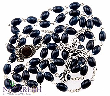 Beautiful Dark Black Glass Beads Rosary Catholic Necklace Holy Soil Medal & Cross