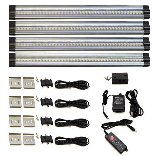 Lightkiwi X8402 12 inch Cool White Dimmable LED Under Cabinet Lighting 4 Panel Standard Kit 1120 Lumen 6000 Kelvin 24VDC Dimmer Switch and All Accessories Included Continuous Dimming Aluminum Body