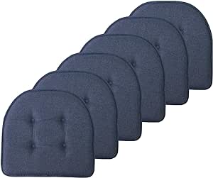 Sweet Home Collection Chair Cushion Memory Foam Pads Tufted Slip Non Skid Rubber Back U-Shaped 17" x 16" Seat Cover, 6 Pack, Denim Blue