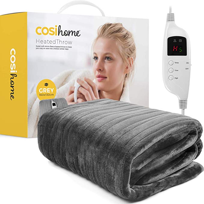 Cosi Home® Luxury Electric Heated Throw & Over Blanket - Extra Large, Machine Washable Fleece with Digital Remote, Timer and 9 Heat Settings (Grey)