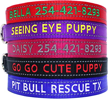 Go Go Cute Puppy- Reflective Personalized Dog Collars - Custom Embroidered Collar W/Pet Name and Phone Number - 4 Adjustable Sizes - 5 Bright Reflecting Colors for Boy and Girl Dogs
