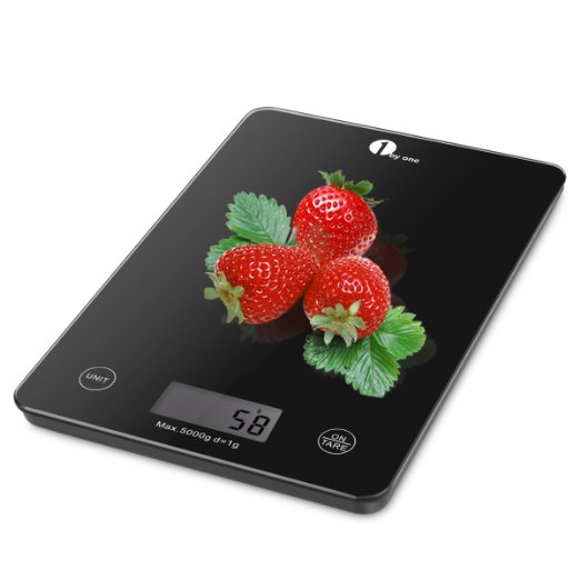 1byone Professional Touch Digital Kitchen Scale, Electronic Home Scale, Elegant Black Tempered Glass, Weight Max 5000g 11lbs, Black