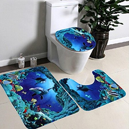 Gillberry 3pcs/set Bathroom Non-Slip Blue Ocean Style Pedestal Rug   Lid Toilet Cover   Bath Mat (Blue)