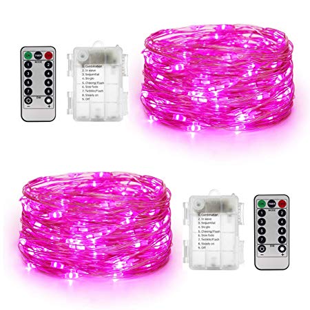 YIHONG 2 Set String Lights 8 Modes Battery Operated 16.4ft 50Leds Fairy String Lights Firefly Twinkle Lights with Remote Control for Christmas Bedroom Garden Wedding Party Indoor Outdoor Decor-Pink