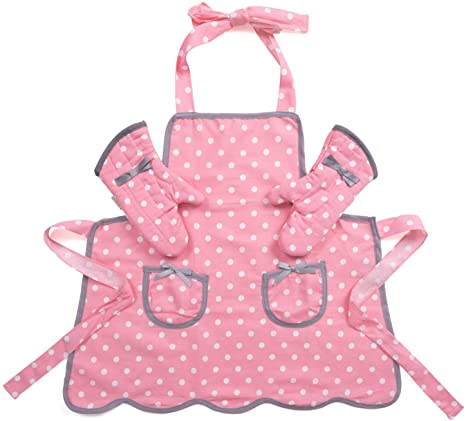 NEOVIVA Kids Apron and Kids Oven Mitts Set for Play Kitchen, Cute Polka Dots Toddler Kitchen Linen Set for Christmas Gift