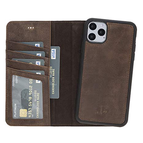 Burkley Case Magnetic Detachable Leather Wallet Case Compatible with iPhone 11 Pro MAX (6.5") with Flap Closure and Premium Snap-on | Book Style Cover with Card Holders (Distressed Antique Coffee)